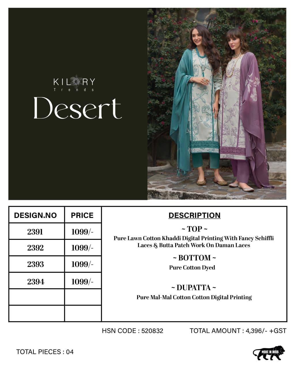 DESERT By KILORY TRENDS 2391 To 2394 Series Stylish Beautiful Colourful PURE LAWN COTTON Dresses At Wholesale Price